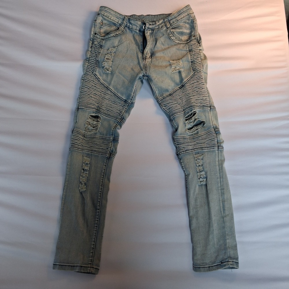 Men's Jeans 32  light-wash distressed biker jeans with ribbed knee panels